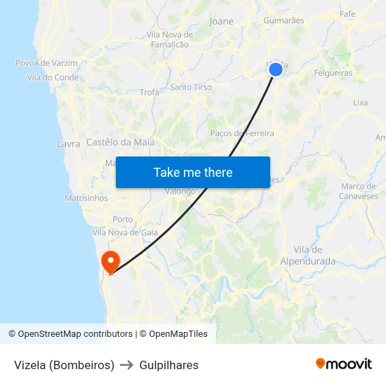 Vizela (Bombeiros) to Gulpilhares map