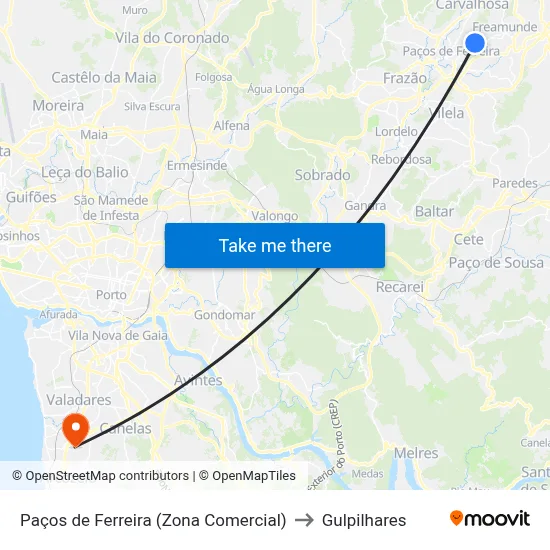 Paços de Ferreira (Zona Comercial) to Gulpilhares map