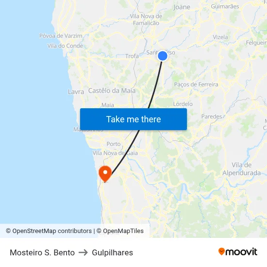 Mosteiro S. Bento to Gulpilhares map