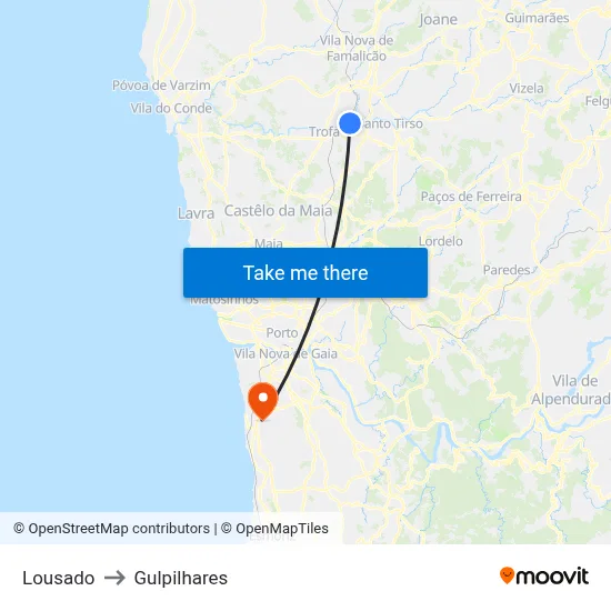 Lousado to Gulpilhares map