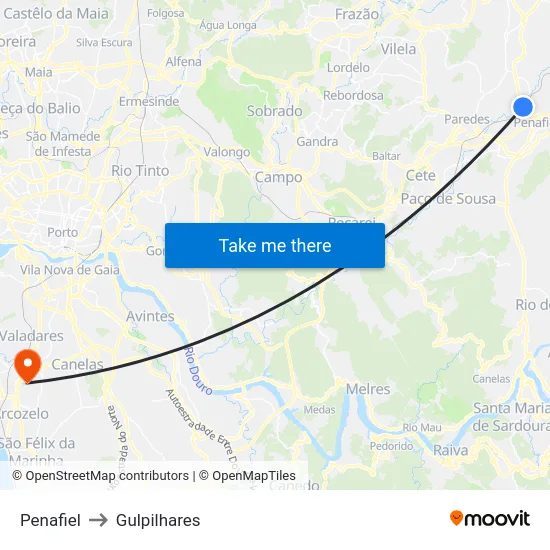 Penafiel to Gulpilhares map
