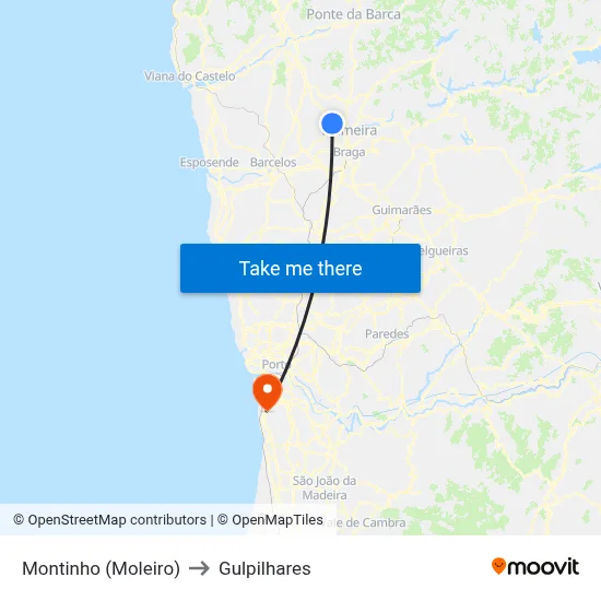 Montinho (Moleiro) to Gulpilhares map
