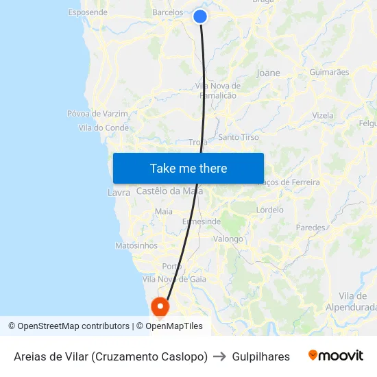 Areias de Vilar (Cruzamento Caslopo) to Gulpilhares map