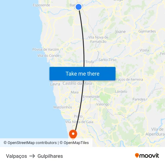 Valpaços to Gulpilhares map