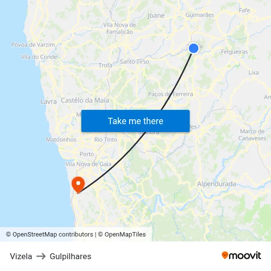 Vizela to Gulpilhares map