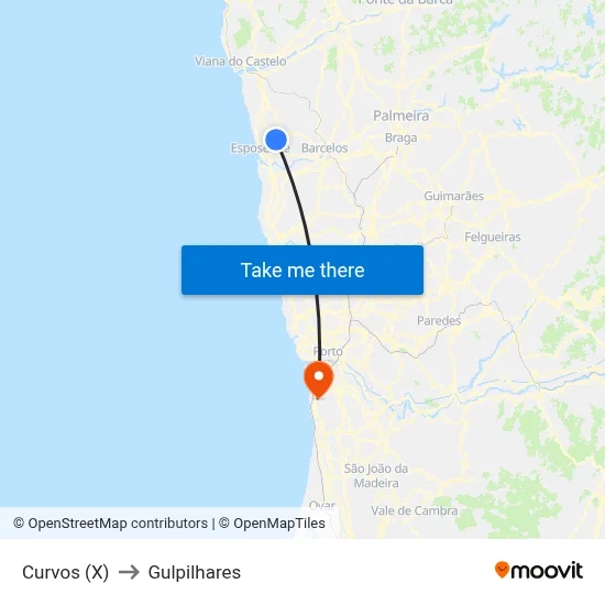 Curvos (X) to Gulpilhares map