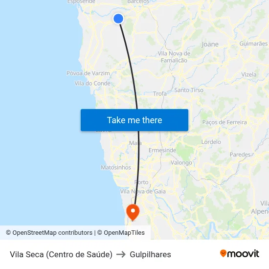 Vila Seca (Centro de Saúde) to Gulpilhares map