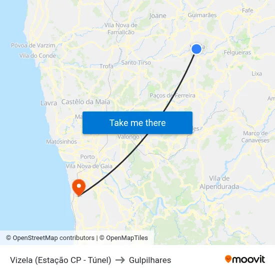 Vizela (Estação CP - Túnel) to Gulpilhares map