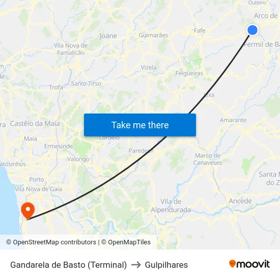 Gandarela de Basto (Terminal) to Gulpilhares map
