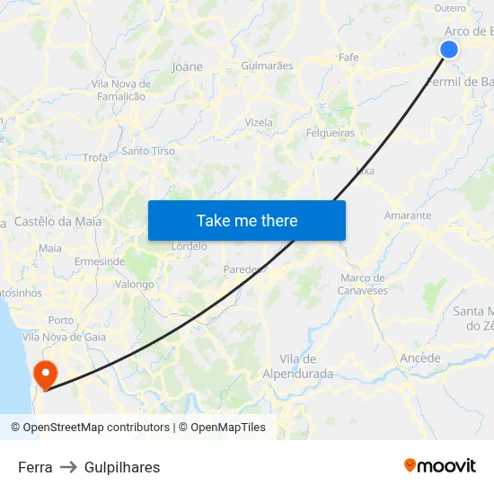Ferra to Gulpilhares map
