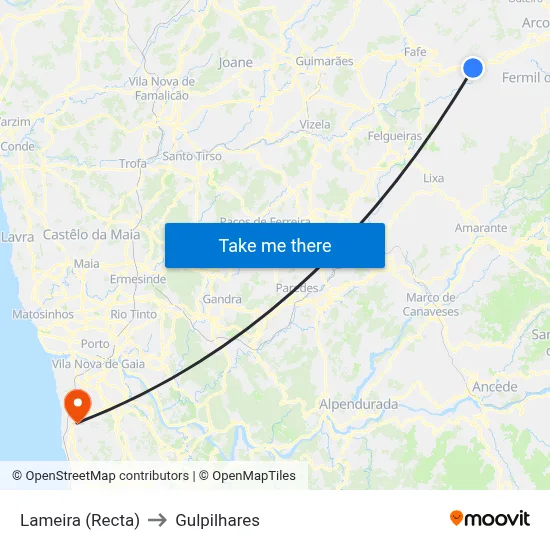 Lameira (Recta) to Gulpilhares map