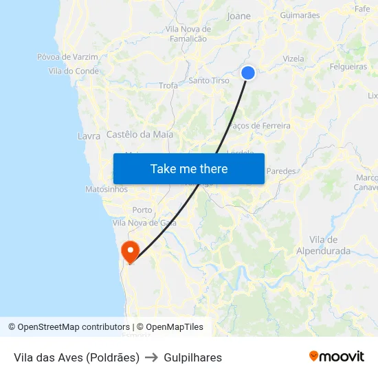 Vila das Aves (Poldrães) to Gulpilhares map