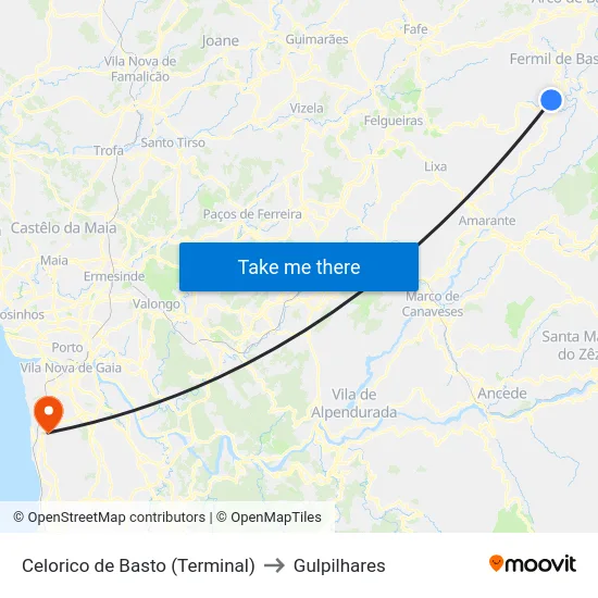 Celorico de Basto (Terminal) to Gulpilhares map