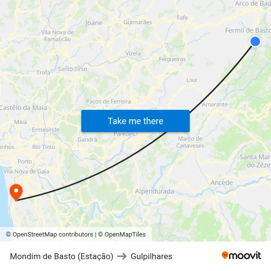 Mondim de Basto (Estação) to Gulpilhares map