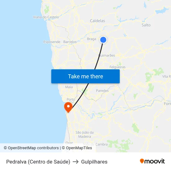 Pedralva (Centro de Saúde) to Gulpilhares map