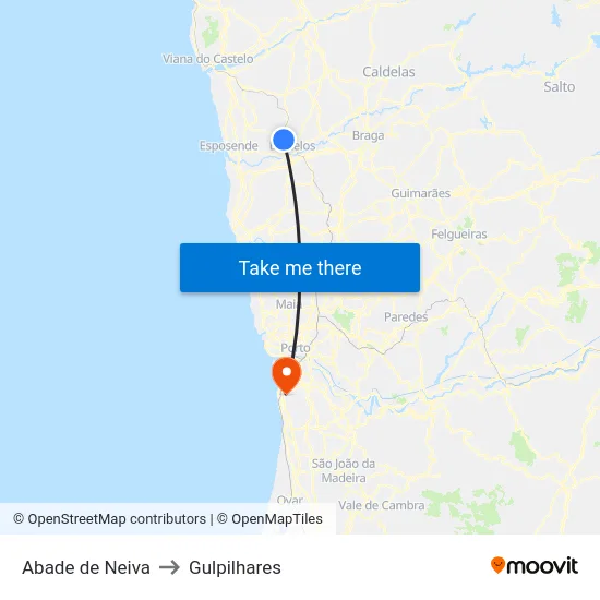 Abade de Neiva to Gulpilhares map