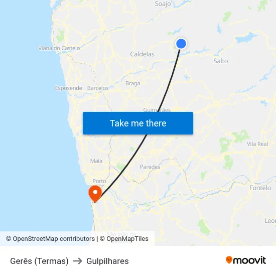 Gerês (Termas) to Gulpilhares map