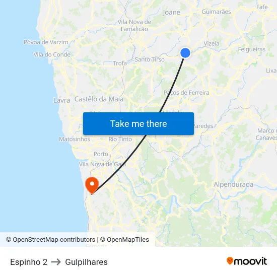 Espinho 2 to Gulpilhares map