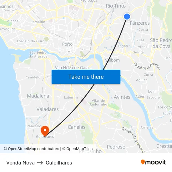 Venda Nova to Gulpilhares map