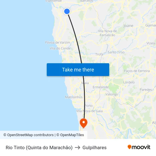 Rio Tinto (Quinta do Marachão) to Gulpilhares map