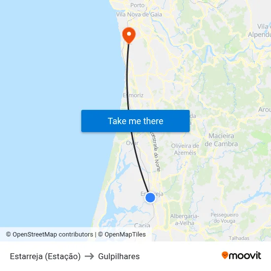 Estarreja (Estação) to Gulpilhares map