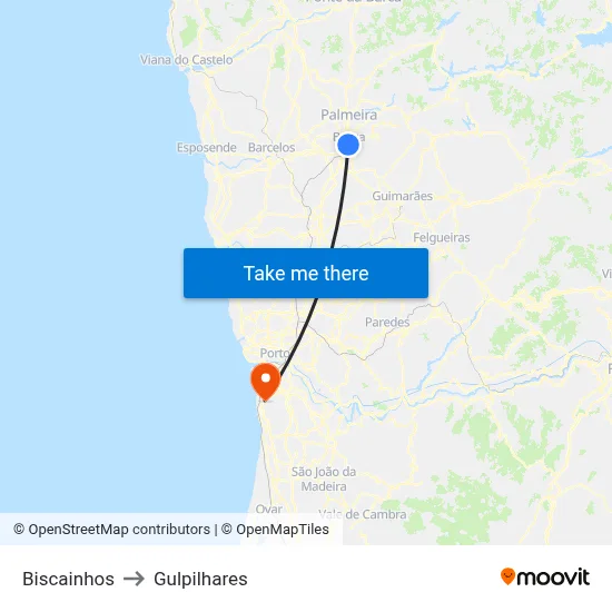 Biscainhos to Gulpilhares map