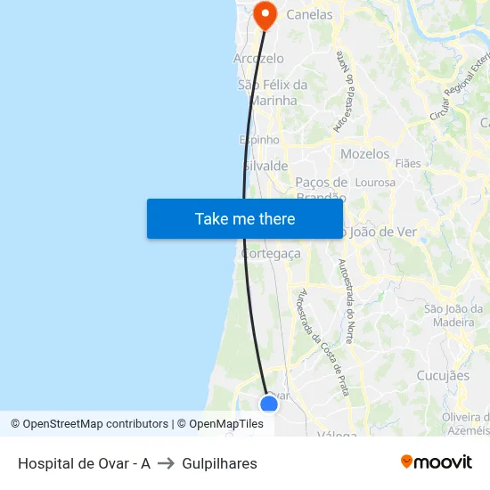 Hospital de Ovar - A to Gulpilhares map