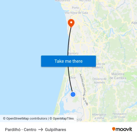 Pardilhó - Centro to Gulpilhares map