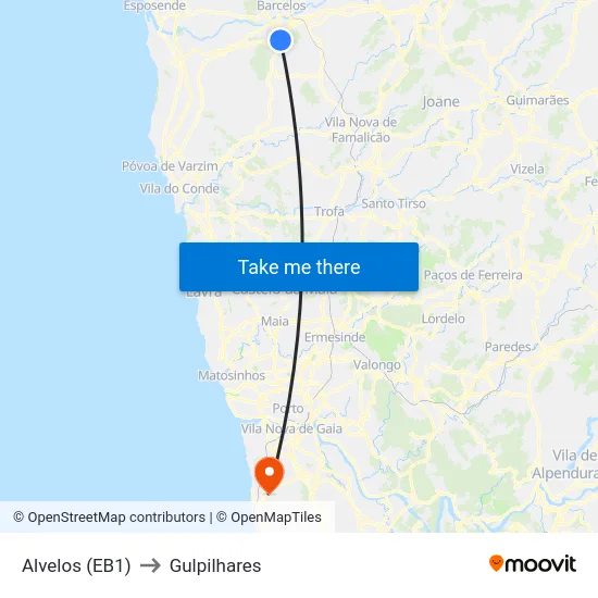 Alvelos (EB1) to Gulpilhares map