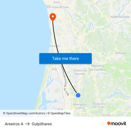 Areeiros A to Gulpilhares map