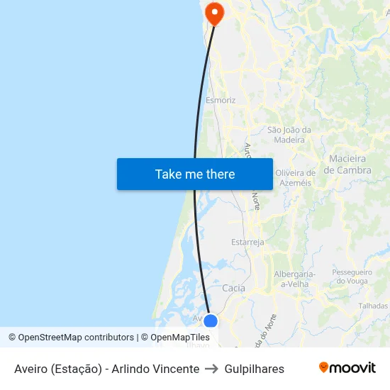 Aveiro (Estação) - Arlindo Vincente to Gulpilhares map