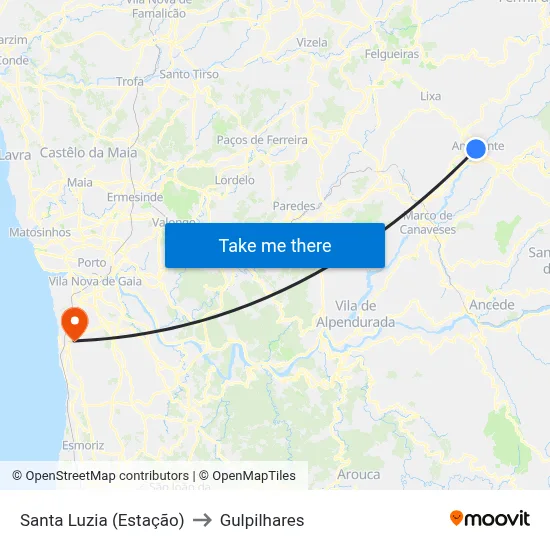 Santa Luzia (Estação) to Gulpilhares map