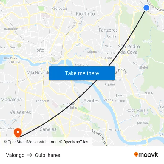 Valongo to Gulpilhares map
