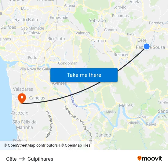 Cête to Gulpilhares map