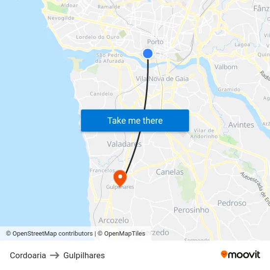 Cordoaria to Gulpilhares map