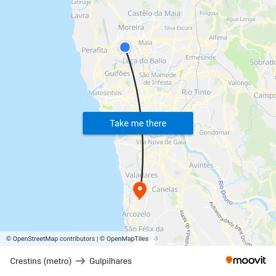 Crestins (metro) to Gulpilhares map