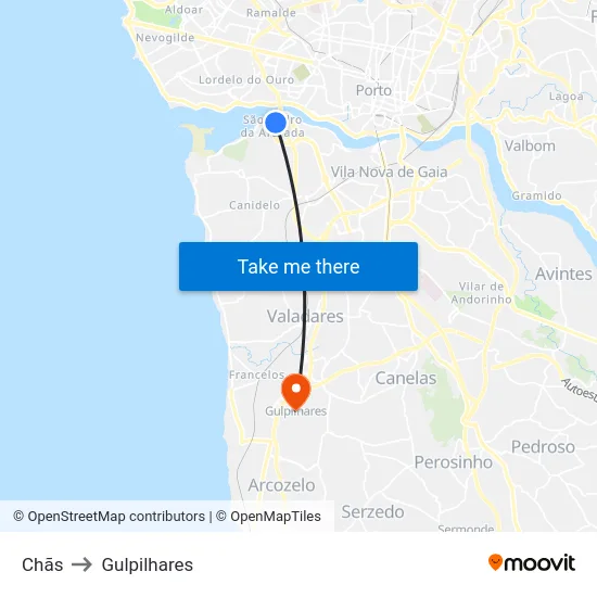 Chãs to Gulpilhares map