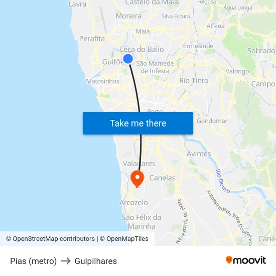 Pias (metro) to Gulpilhares map