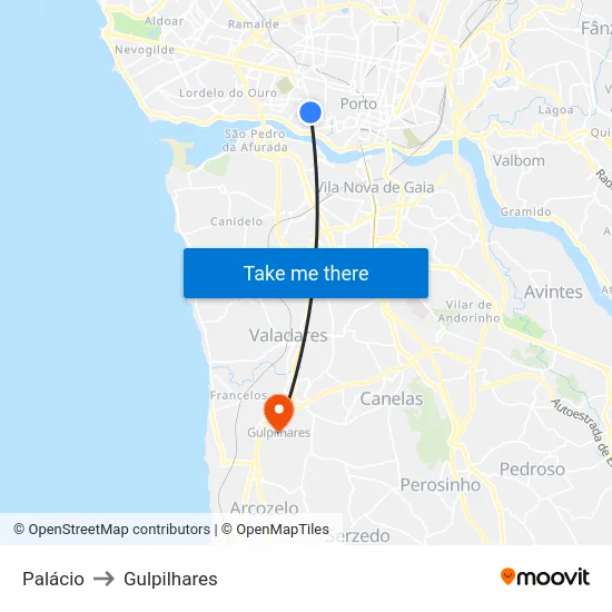 Palácio to Gulpilhares map