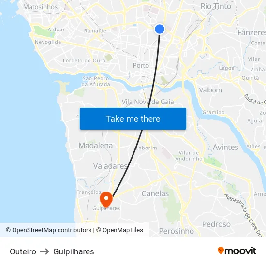 Outeiro to Gulpilhares map