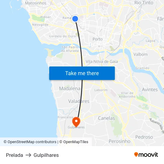 Prelada to Gulpilhares map