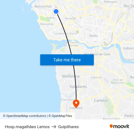 Hosp.magalhães Lemos to Gulpilhares map