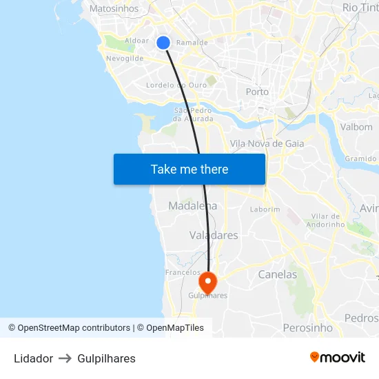 Lidador to Gulpilhares map