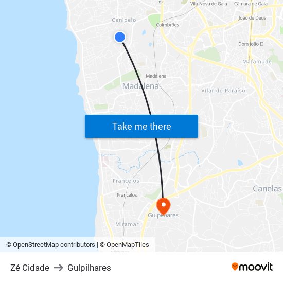 Zé Cidade to Gulpilhares map