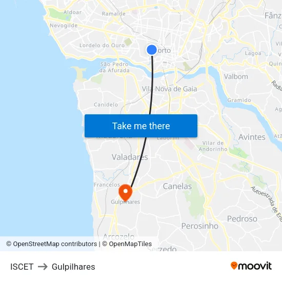 Iscet to Gulpilhares map
