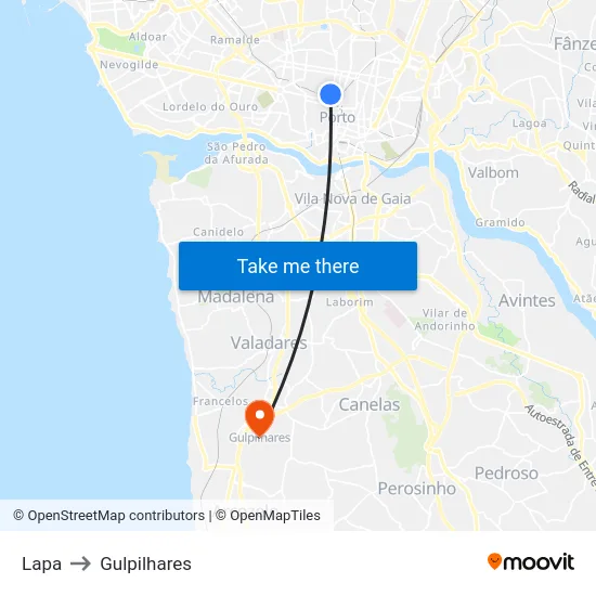 Lapa to Gulpilhares map