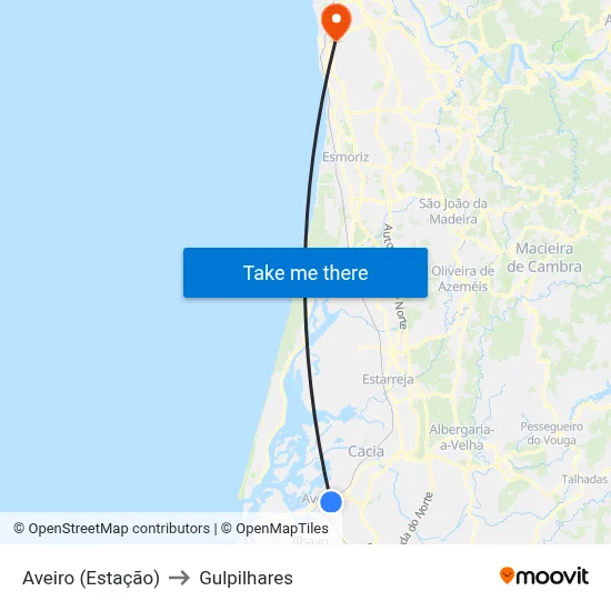 Aveiro (Estação) to Gulpilhares map