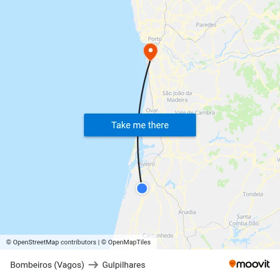 Bombeiros (Vagos) to Gulpilhares map