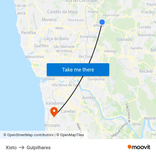 Xisto to Gulpilhares map