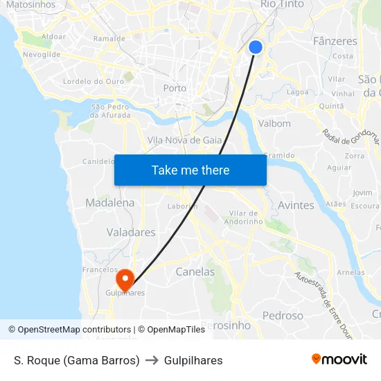 S. Roque (Gama Barros) to Gulpilhares map
